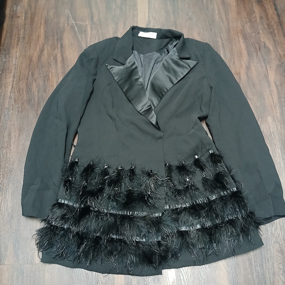 Black Feather-Trim Blazer Jacket - Women's Elegant Evening Blazer